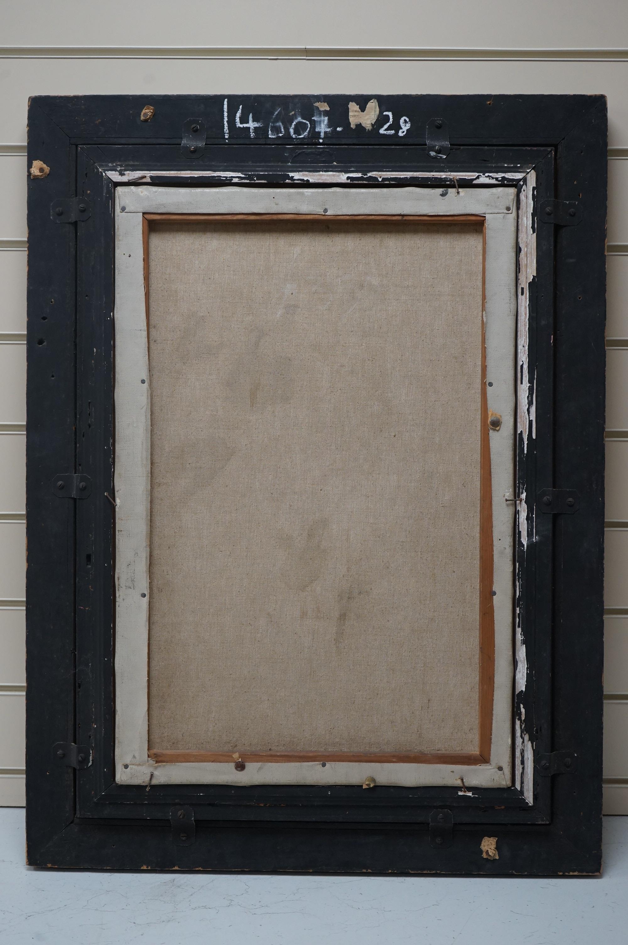 20th century School, oil on canvas, Crucifixion scene with mourners, indistinctly signed lower left, 60 x 39cm, housed in a Dutch ebonised ripple moulded frame. Condition - good